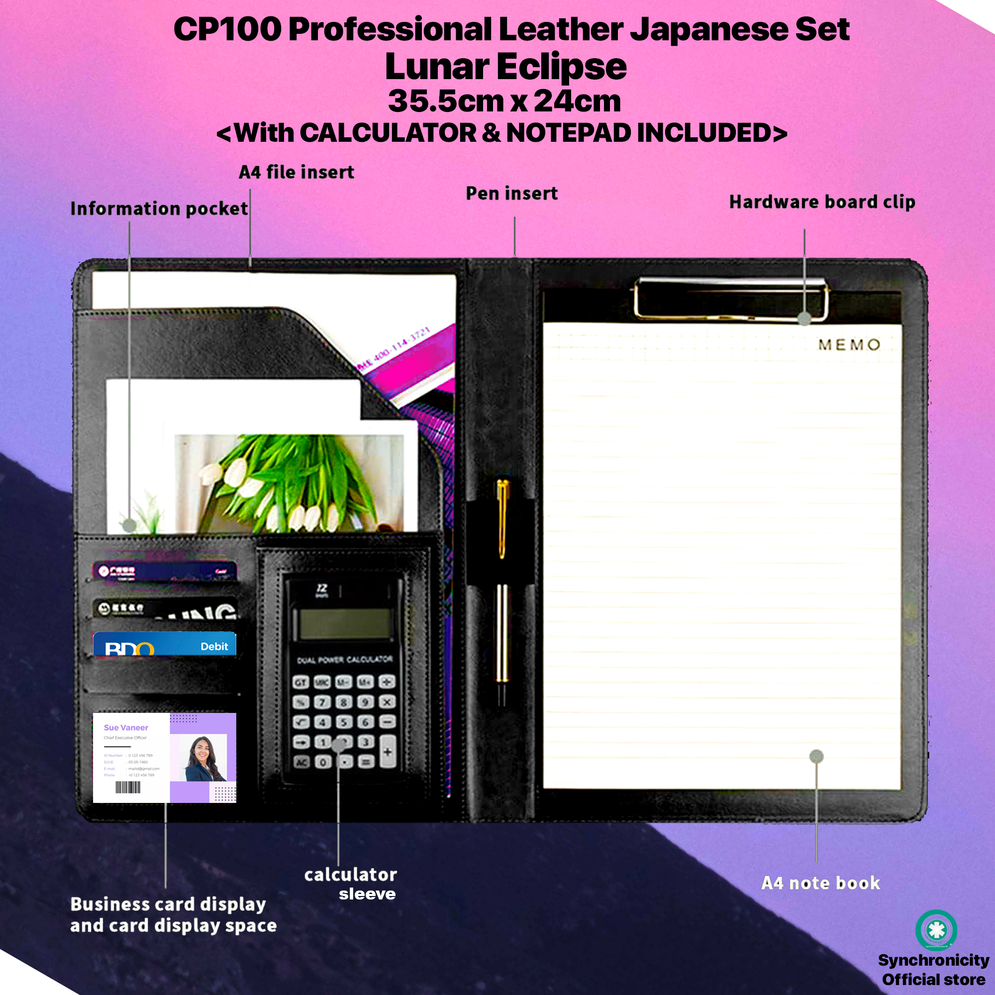 Minimalist Clipboard CP100 Professional Leather Japanese Set - Document Wallet | Ring Binder A4 Clipboard Folder Document Organizer Business Padfolio Conference Calculator Notepad for Interview Meeting School by Synchronicity