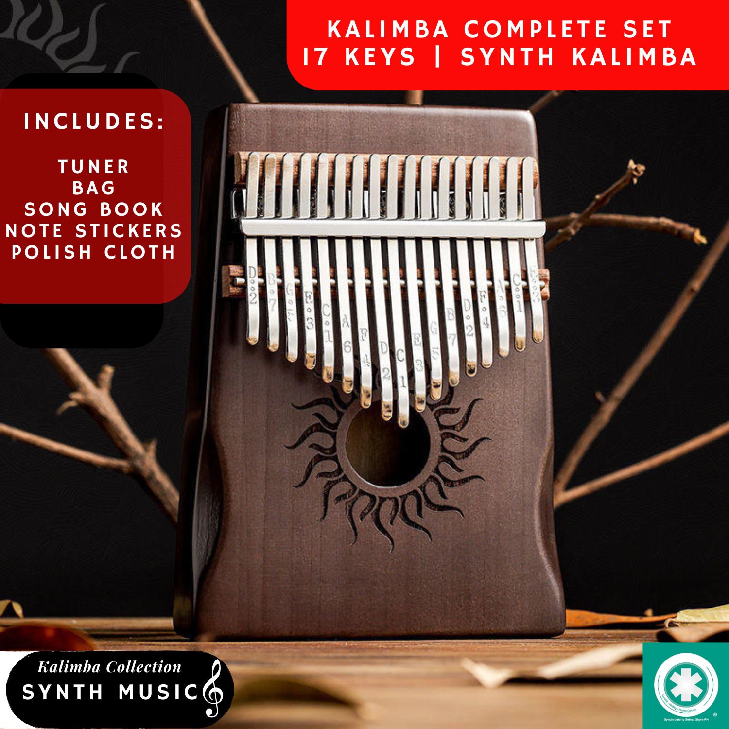 Kalimba Thumb Piano 17 Keys Complete Set | Mahogany Wood High Quality | SynthMusic Brand | Normal or Electric with Audio Jack | High Resolution Sound | Local Shipping