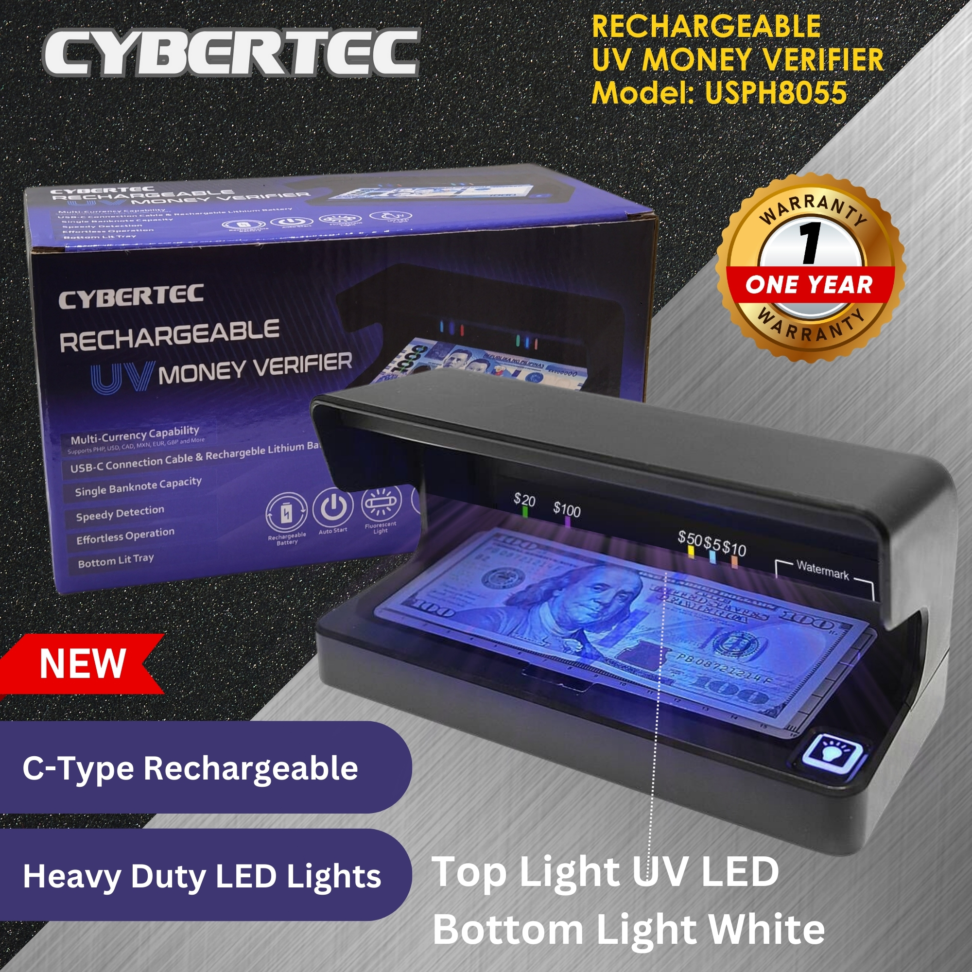 LED Money Detector Rechargeable | 3038 VER5058 | Money Verifier for Bills, IDs, Passport, and Other Documents | UV Detection | Durable and Portable Design with Built-in Battery | Accurate and Reliable Verification Cybertec LED for Counterfeit Detection