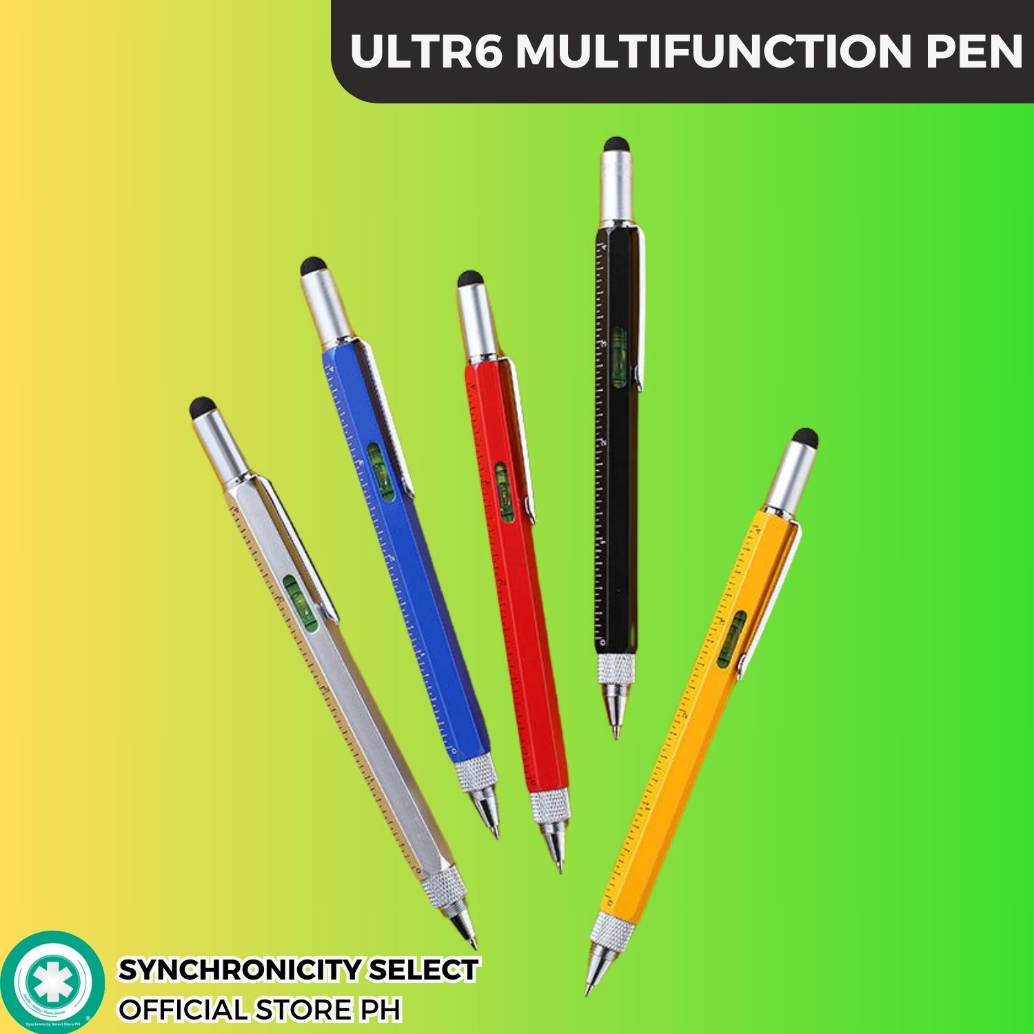 ULTRA6 Multifunction Metal Pen 6 different Functions Stylus Ruler Leveler Screwdriver Ballpen Portable Emergency all in one tool
