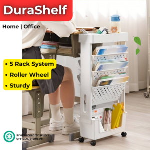 DuraShelf - Five Levels Movable Bookshelf Shelf, Desk Side Bookshelf, Floor Desk Small Cart, Book Storage Shelf, Office Study Supplies Storage Rack, Pen Holder, Lesson Book, Document Storage, Cup Water Holder, Office Supplies