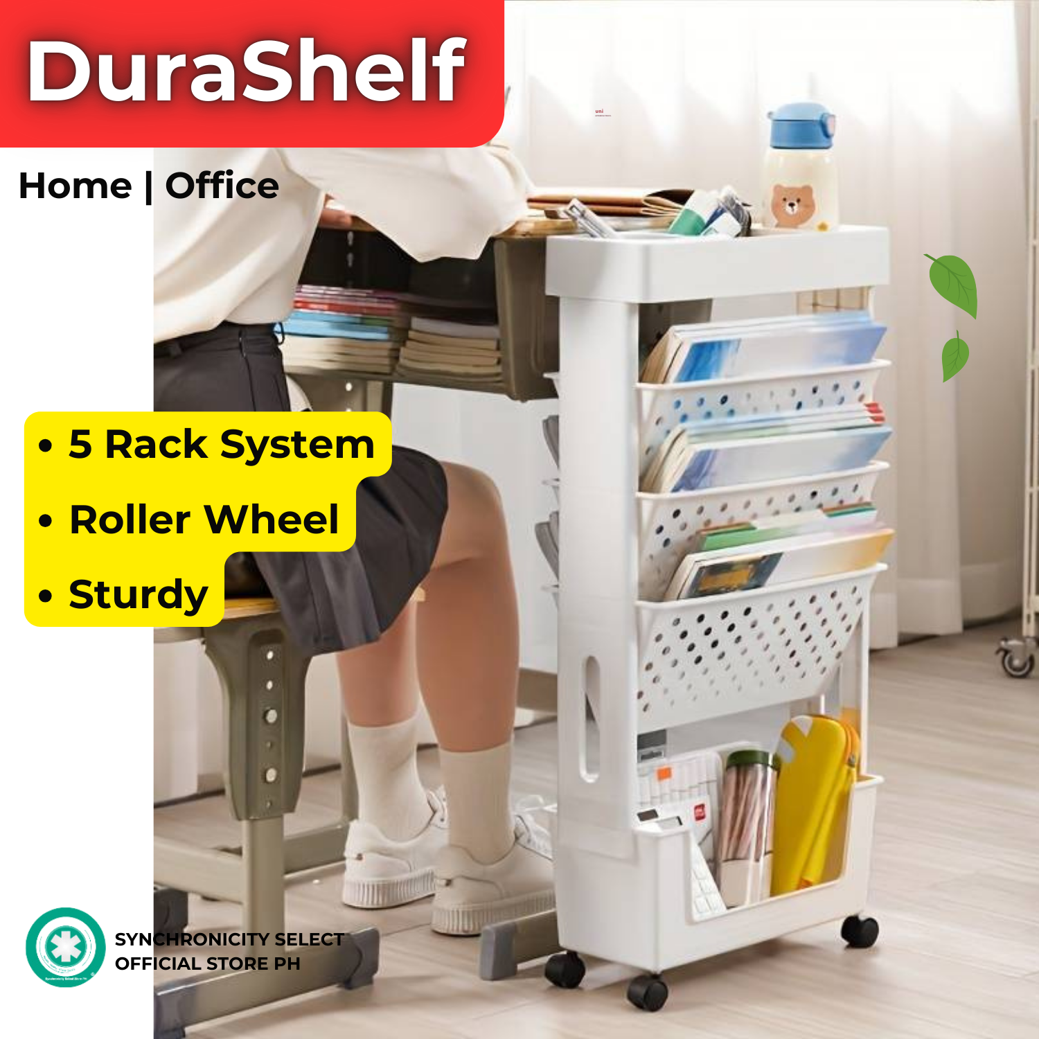 DuraShelf - Five Levels Movable Bookshelf Shelf, Desk Side Bookshelf, Floor Desk Small Cart, Book Storage Shelf, Office Study Supplies Storage Rack, Pen Holder, Lesson Book, Document Storage, Cup Water Holder, Office Supplies
