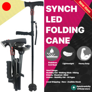 Twin Grip Cane - Foldable Cane - Folding Walking Stick for Men Unisex- With LED- Collapsible, Lightweight, Adjustable Portable Hand Walking Stick - Balancing Mobility Aid - Sleek, Comfortable T Handles (Black)