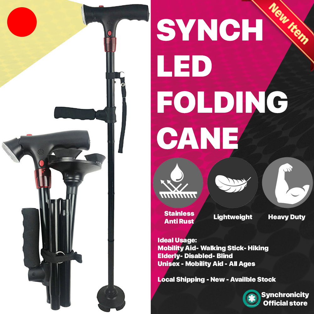 Twin Grip Cane - Foldable Cane - Folding Walking Stick for Men Unisex- With LED- Collapsible, Lightweight, Adjustable Portable Hand Walking Stick - Balancing Mobility Aid - Sleek, Comfortable T Handles (Black)