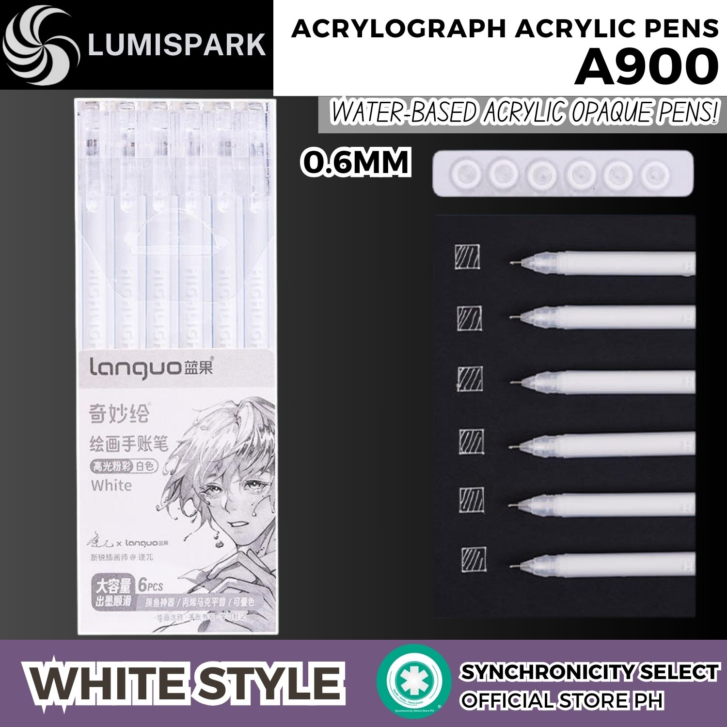 A900 | Arcylic Drawing Pen (0.06MM) Multicolored Acrylograph pen Set | Water-based Opaque Acrylic Drawing Office Writing Gift Pen Black Ink Gel Pen | SSP6N LUMI SPARK Series Affordable Wholesale Stationery from Synchronicity Select Store PH