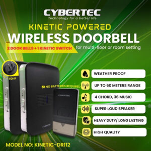 SELF-POWERED Wireless Doorbell CYBERTEC No Battery Required Doorbell | Kinetic Powered Self Powered | 60 Meters | 20 Ring Tones | 3 Levels of Volume | Water Resistant | SelfPowered