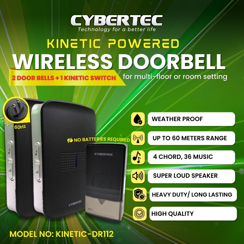 SELF-POWERED Wireless Doorbell CYBERTEC No Battery Required Doorbell | Kinetic Powered Self Powered | 60 Meters | 20 Ring Tones | 3 Levels of Volume | Water Resistant | SelfPowered