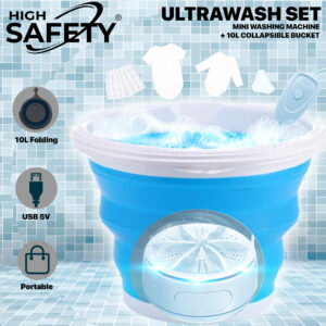 HS Mini Portable Washing Machine 10L Folding Bucket Ultrawash Set | Automatic Portable Washer Underwear Easy Storage Baby Clothes | 2kg Handwash and Delicates | Ideal for Dorm and Solo Living | Ultrasonic Turbine Washing Machine Portable (Ultrawash Set)