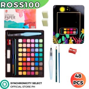 Ross100 Set Solid Watercolor Paint 36/48 Color | Free refillable brush and watercolor paper| Art Professional Portable Hand-Painted Children's Gouache Painting Supplies Beginner Tool Set