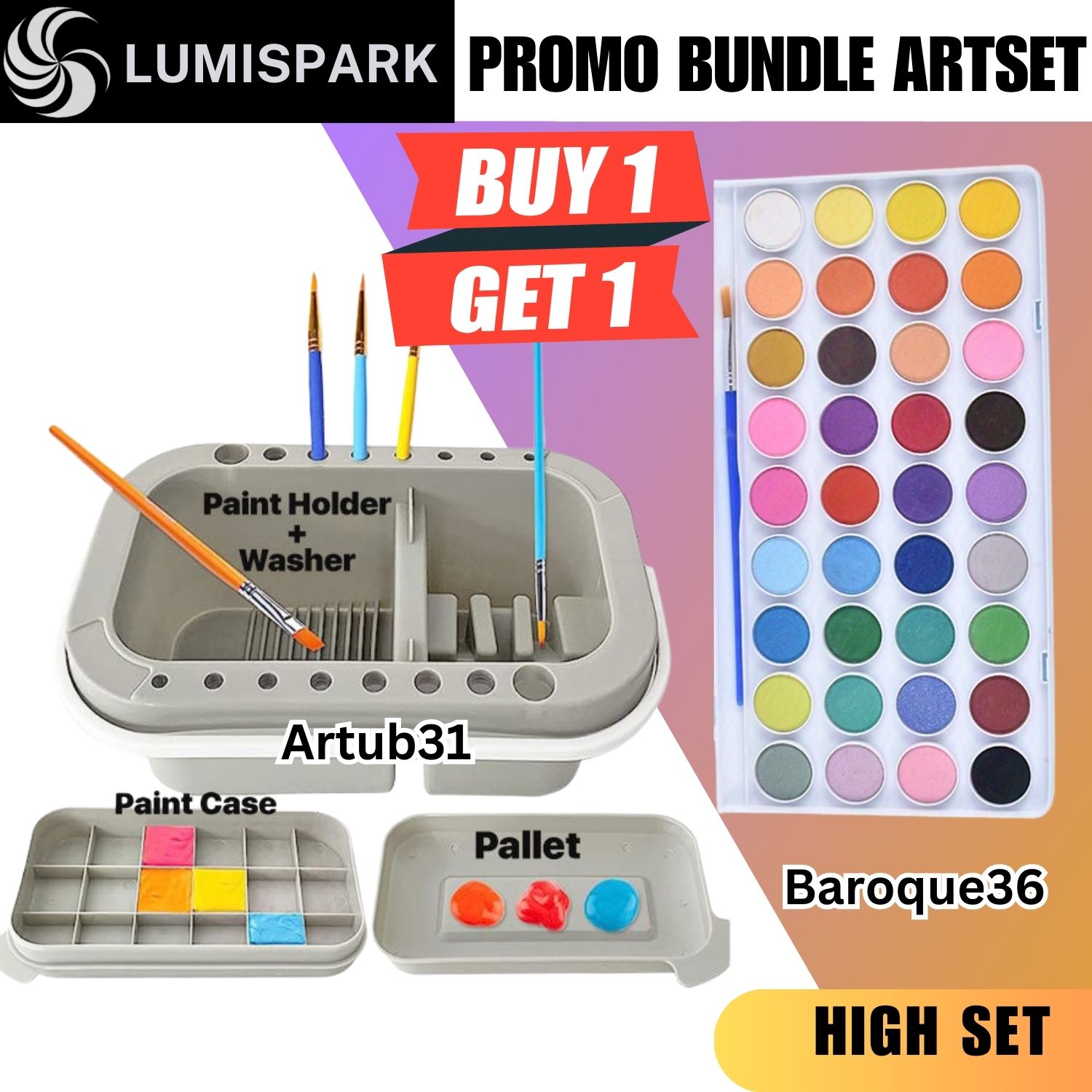 LUMI Paint Brush Cleaner ARTUB31- Paint Brush Holder with Palette and Handle, Paint Brush Rinser for Acrylic, Watercolor, and Water-Based Paints16 Holder, ARTUB 18 Palette Wells, Watercolor Oil Acrylic Gouache Painting