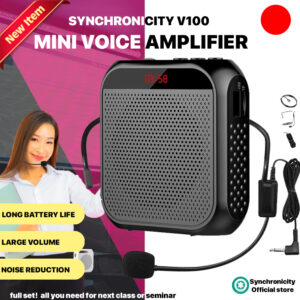 Portable Voice Amplifier with Wired Microphone Headset & Waistband | Rechargeable Synchronicity V100 | Supports MP3 Format Audio for Teacher, Taxi Driver, Coaches, Training, Tour Guide | Synchronicity V100