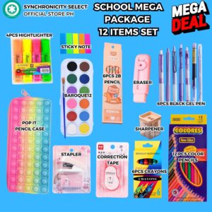 School Mega Package Highlighter Post it Watercolor Crayon Color Pencil Pencil Case Pop it Eraser 2B Pencil Sharpener Correction tape Stapler |PROMO PACKAGE| for School Project Supplies Arts and Craft
