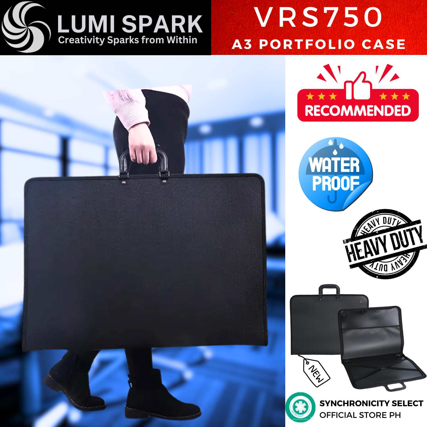 VRS750 A3 Portfolio Case Art Painting Sketch Bag | LUMISPARK Art Folder Sketch Carrying Case | Large 50x40cm Waterproof Moistureproof Heavy Duty | Zip Sketch Bag Tote Bag Sketch Board Bag with Shoulder Strap for Artist Students, Black