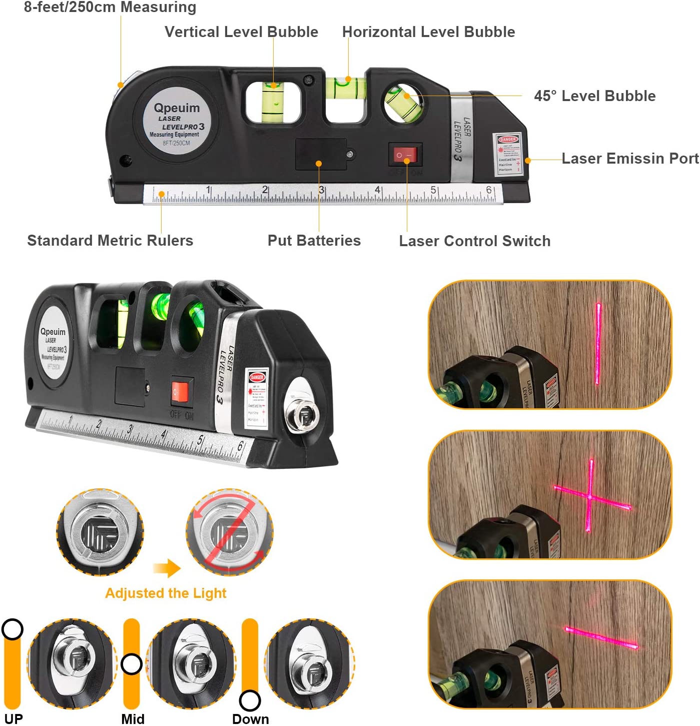Laser Level Pro 3 - Tape Measure + Ruler + Cross Laser | 3IN1 Straight Engineer Measure Line Tool | Laser Level Tool, Multipurpose Laser Level Kit Standard Cross Line Laser level Laser Line leveler Beam Tool with Metric Ruler