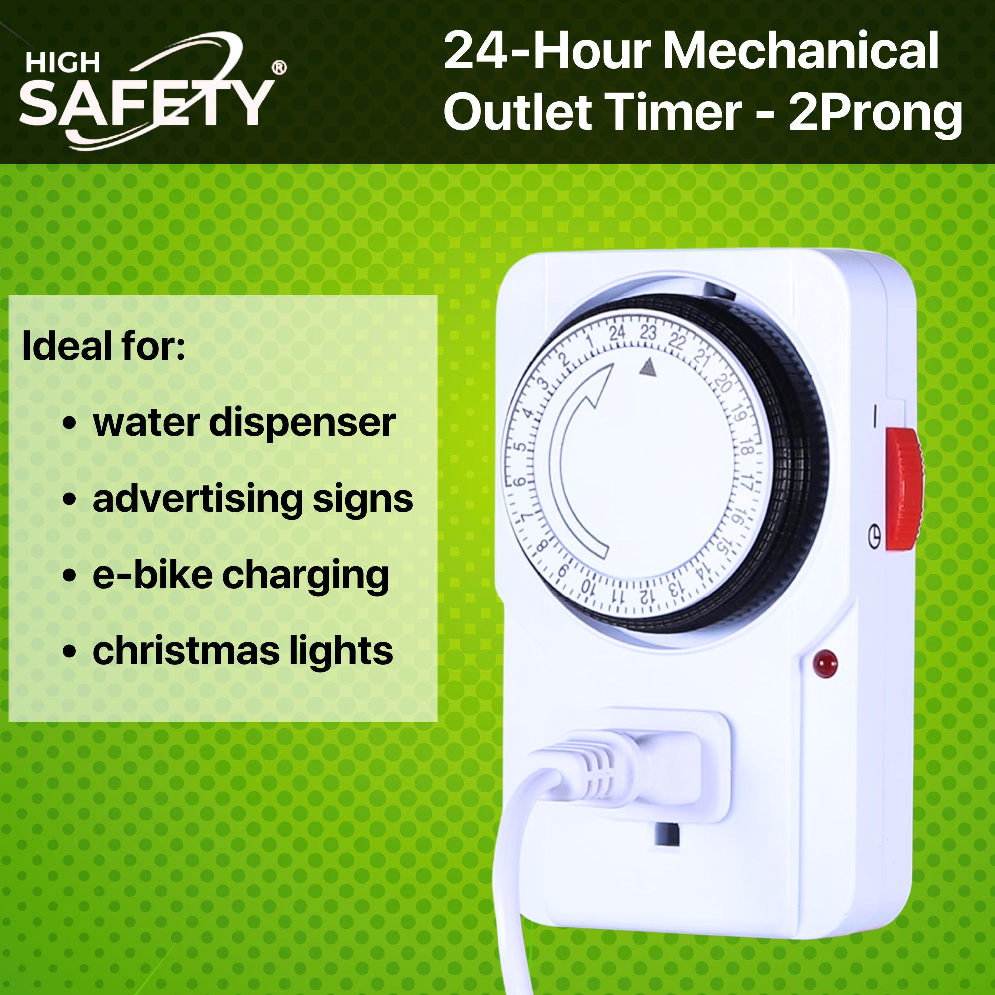 HIGHSAFETY 24-Hour Plug-in Mechanical Timer – Grounded Outlet for Aquarium, Grow Lights, Hydroponics, eBike Charging, Sprinklers, Indoor Lighting & Home Appliances