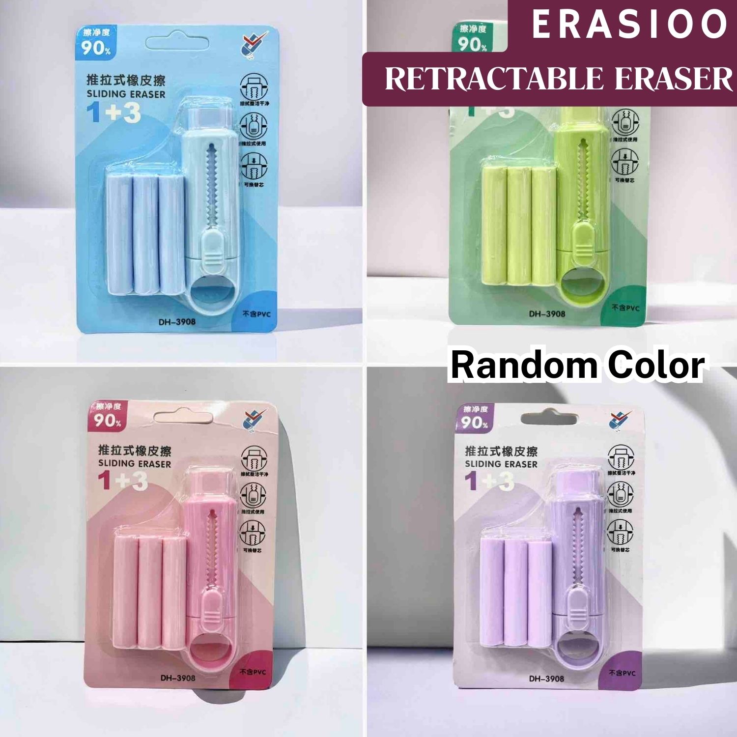 ERAS100 Retractable Eraser with Refill Pencil Eraser, Wipe Clean, Non-Slip Students, Mini Push Pull Rubber Stationery School