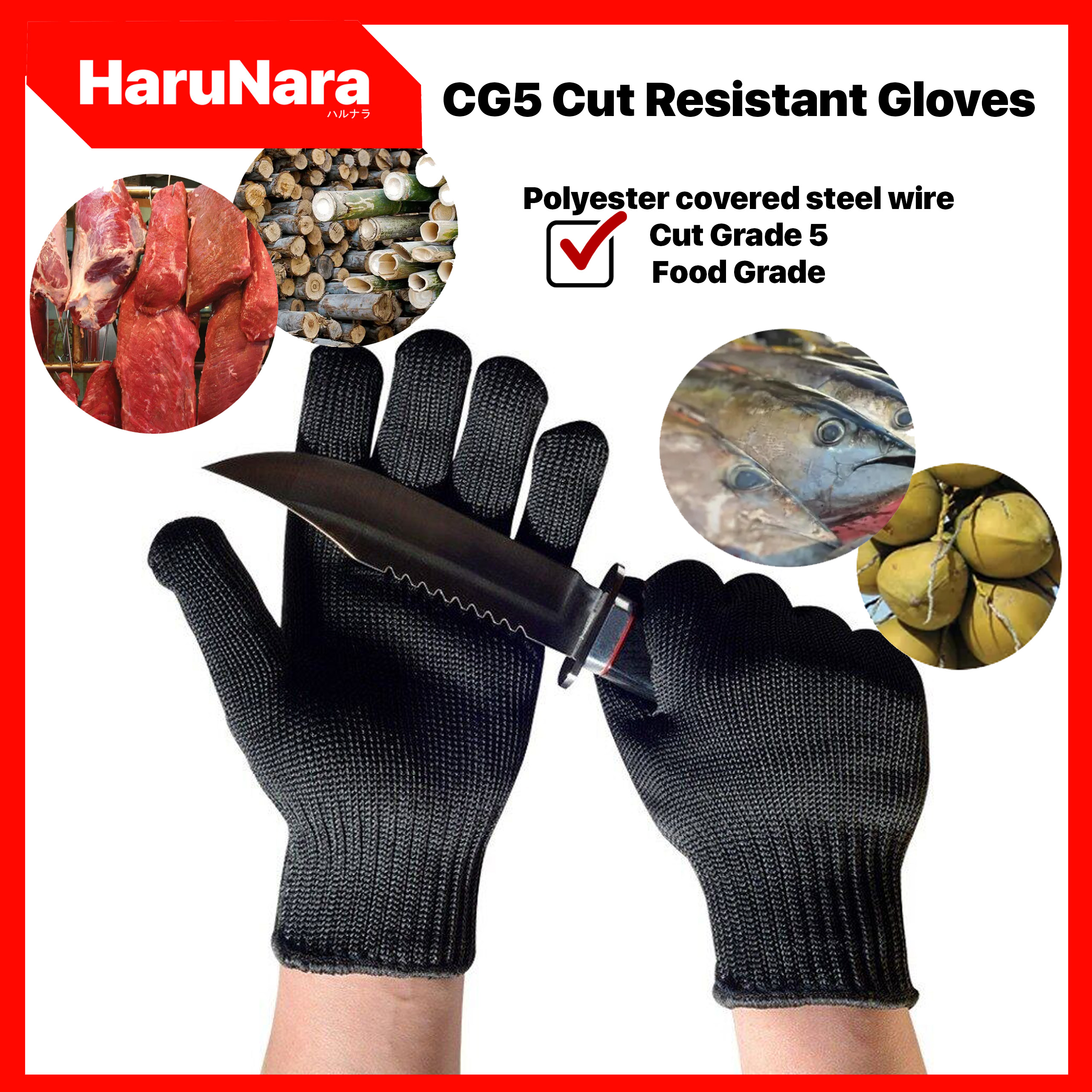 HARUNARA CG5 Black Level 5 Anti-cut Glove Safety Cut Proof Stab Resistant Wire Metal Work Gloves Garden Kitchen Household Safety Gloves