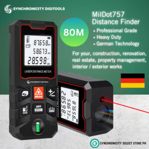 Synchronicity Digitools RangeFinder Handheld Compact Up to 100 Meter | 2025 New MilDot757 | Free Batteries -  Laser Measure Convertible Units Laser Measuring - Compact Heavy Grade German Technology for Construction, Renovation, Interior or Exterior Works