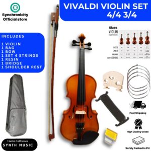 Vivaldi  Violin Complete Set Mozart 4/4 3/4 Natural Varnish Fiddle with Free Bag, Shoulder Rest, Stringsfor Kids Beginners Students with Case Rosin Accessories