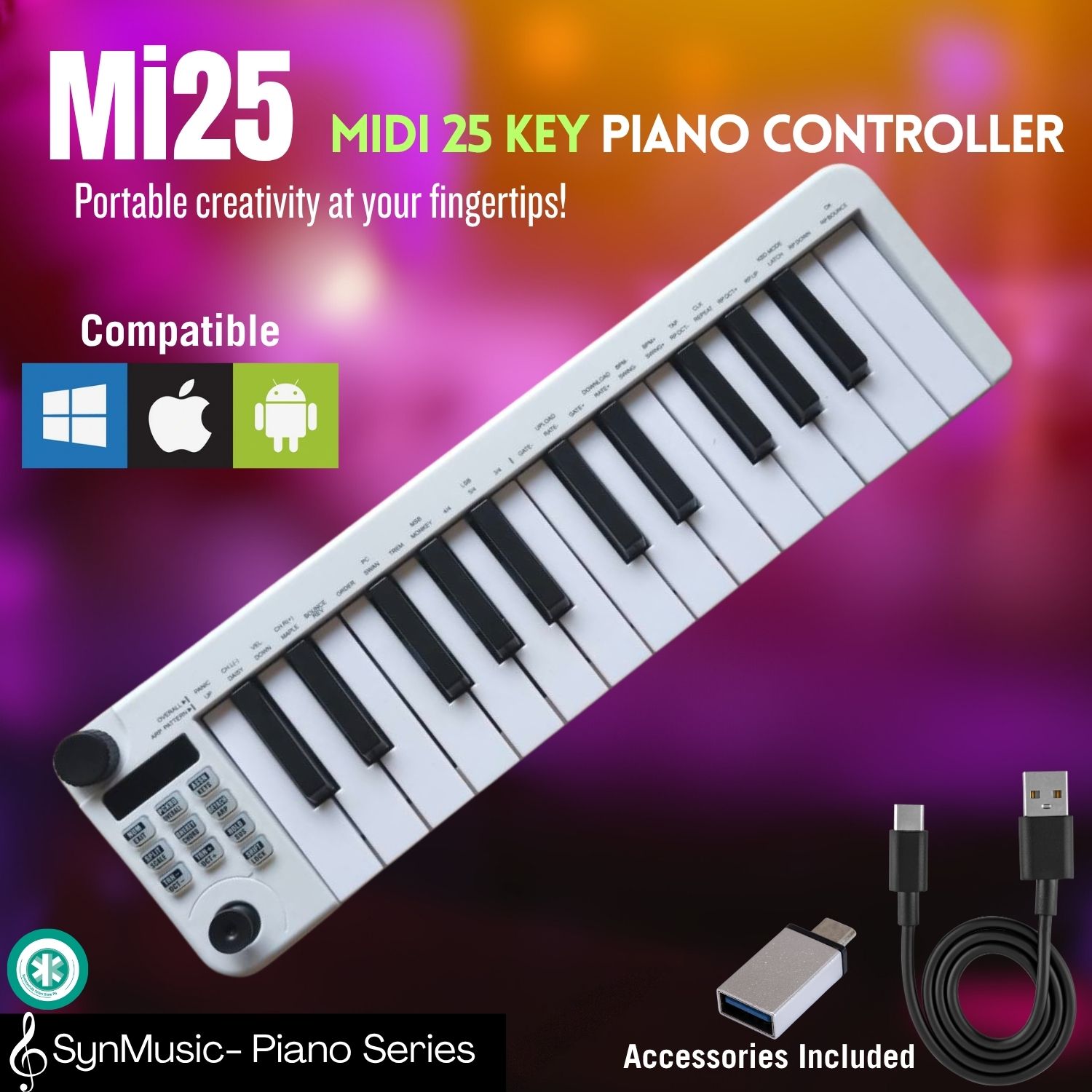 Synchronicity SYNMUSIC MI25 Portable 25-Key USB MIDI Controller – Velocity Sensitive, Type-C, Sustain Pedal Support, for Beginners & Music Creators