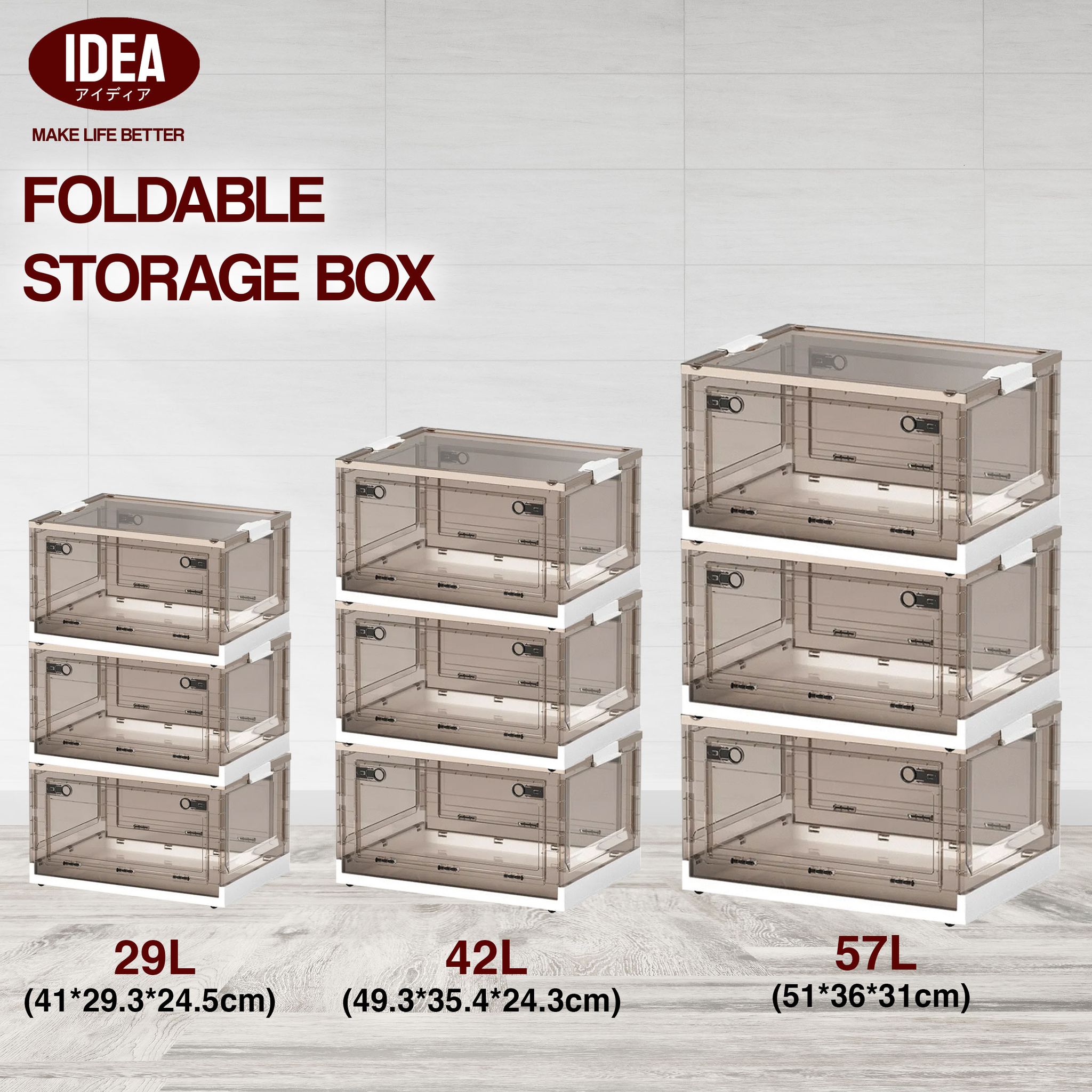 IDEA Storage Cabinet - Storage Containers, Stackable Plastic Shelves Organizer, Folding Storage Box, Collapsible Totes For Storage, 29L 42L 57L 85L Clear Storage Bins, Stackable Under Bed Storage Container