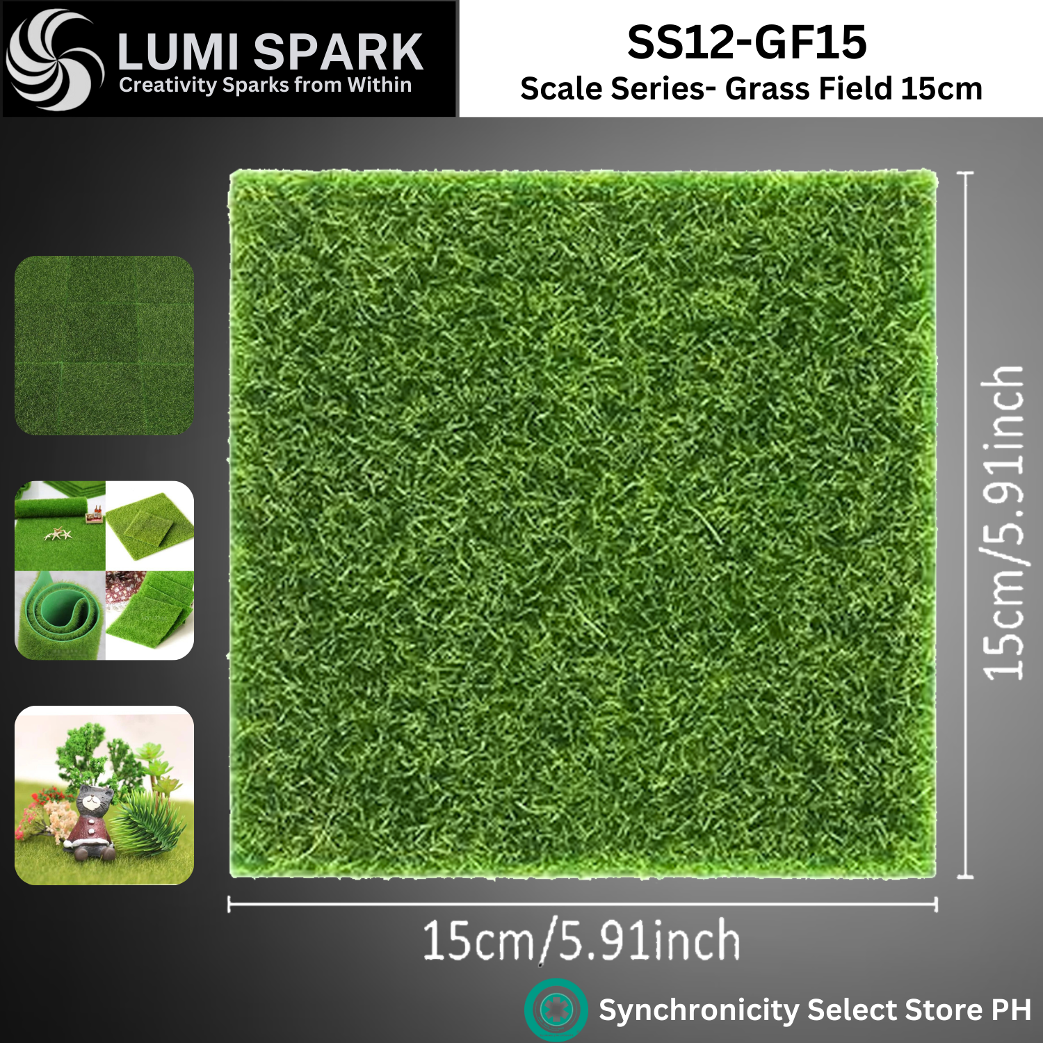 Artificial Landscape - Grass Mat Squares - 15x15cm Artificial DIY Grass Patch | SS12-GF15 | for Scale Models. Miniature Garden, Aquarium, Crafts, Indoor & Outdoor Decor - Synthetic Turf for Pet Areas | LUMI SPARK Brand