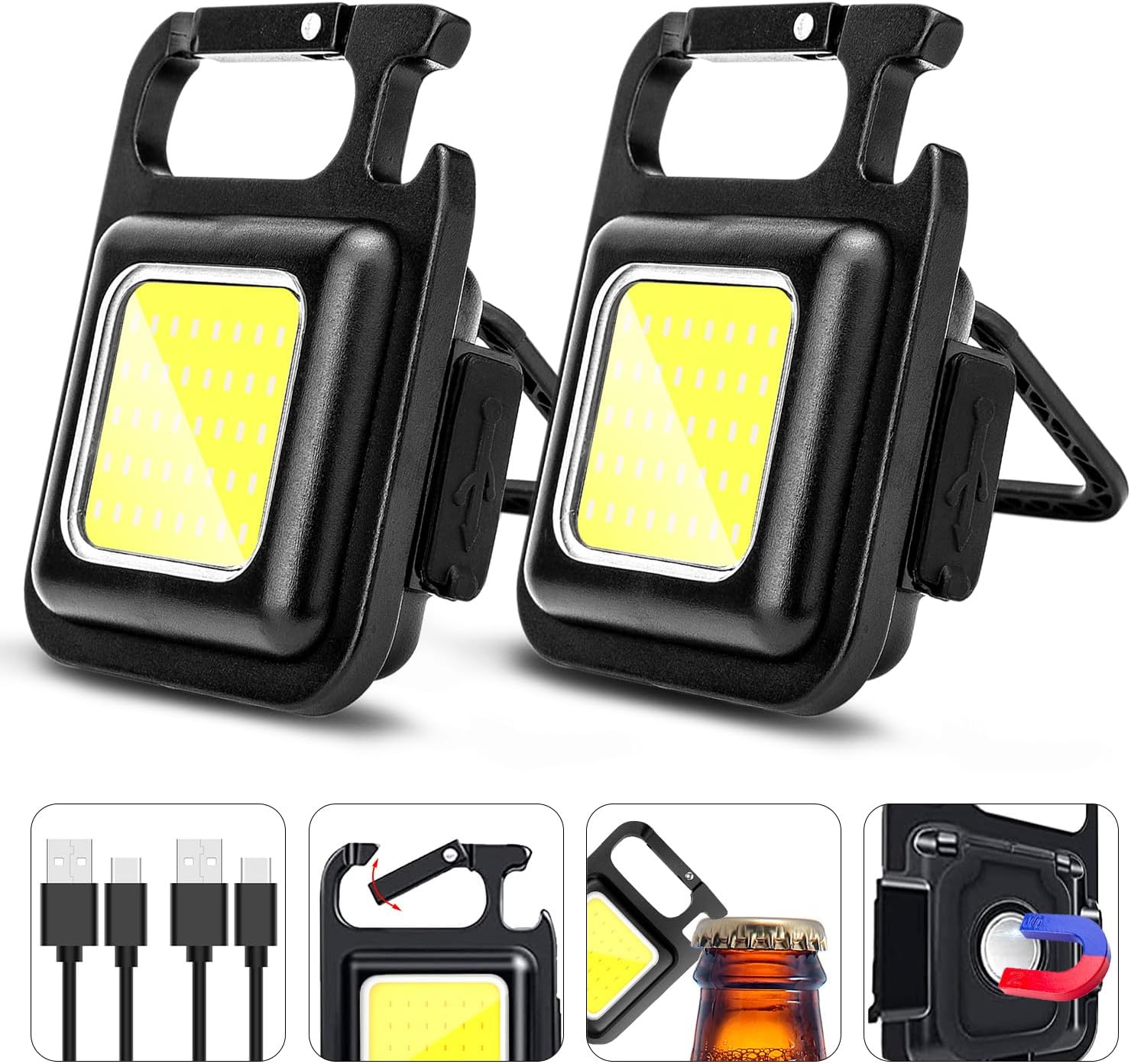 LEDTEC COB Keychain Work Light Keychain Flashlights 4 Light Modes 1600 Lumen, Keychain Light Emergency Light with Folding Bracket Bottle Opener and Magnet Base, Camping and Walking