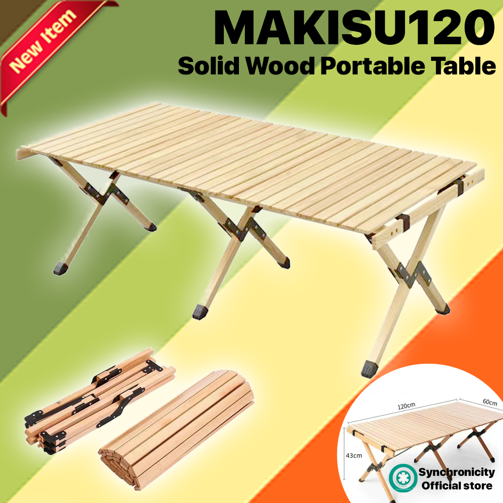 Outdoor Portable Foldable Table Solid Natural Wood Egg Roll With Storage Bag Camping | Garden Outdoors Aesthetic Japanese Makisu Table | MAKISU120 MAKISU90