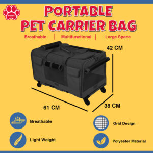 PETTEC Pet Carrier Soft Sided Travel Portable Bag for Cats and Small Dogs, with Stainless Steel Frame Support, Wheels, Collapsible, Durable, Airline Approved, Travel Friendly, Carry Your Pet with Safely and Comfortably, Black Large
