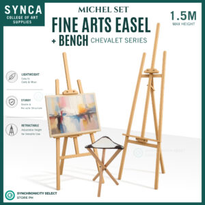 SYNCA Fine Art Series Adjustable Pine Wood Easel & Portable Beechwood Stool Bundle for Painting, Sketching & Display Use Professional Foldable Studio Set with 42" Canvas Support Lightweight Portable Wooden Art Stand for Students, Offices & Events