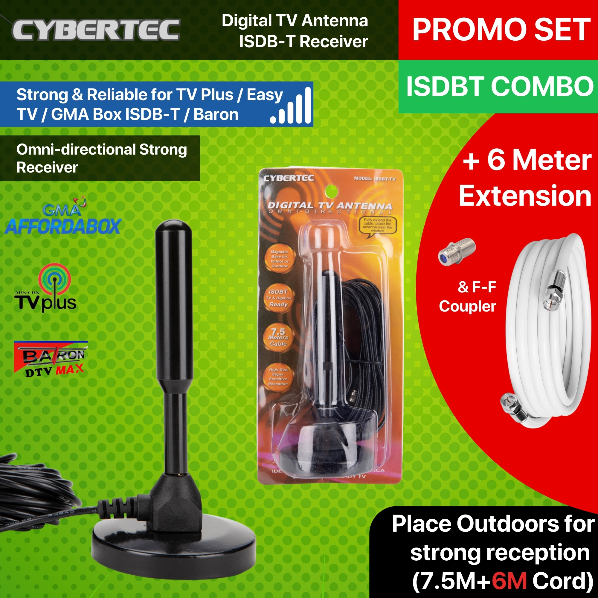 CYBERTEC HD TV Plus Replacement Antenna | Digital ISDB-T Receiver with 7.5M Heavy Duty Magnetic Base | Compatible with GMA Affordabox, ABS-CBN TV Plus | Alternative to Baron Strong | ISDBT Antenna TV